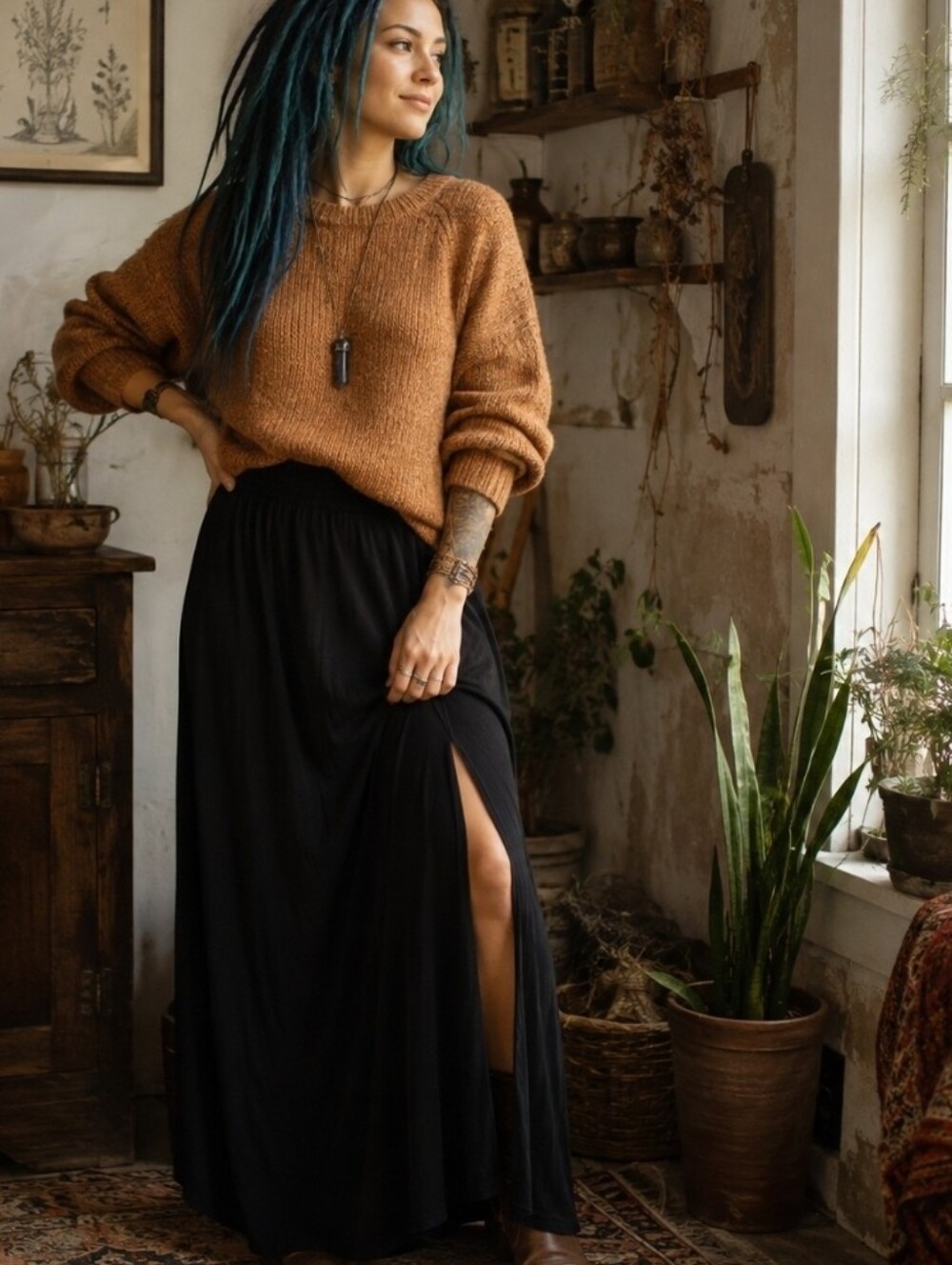 4/$15 Zenana XL Black Boho Maxi Skirt Side Slit Flowy Festival Style